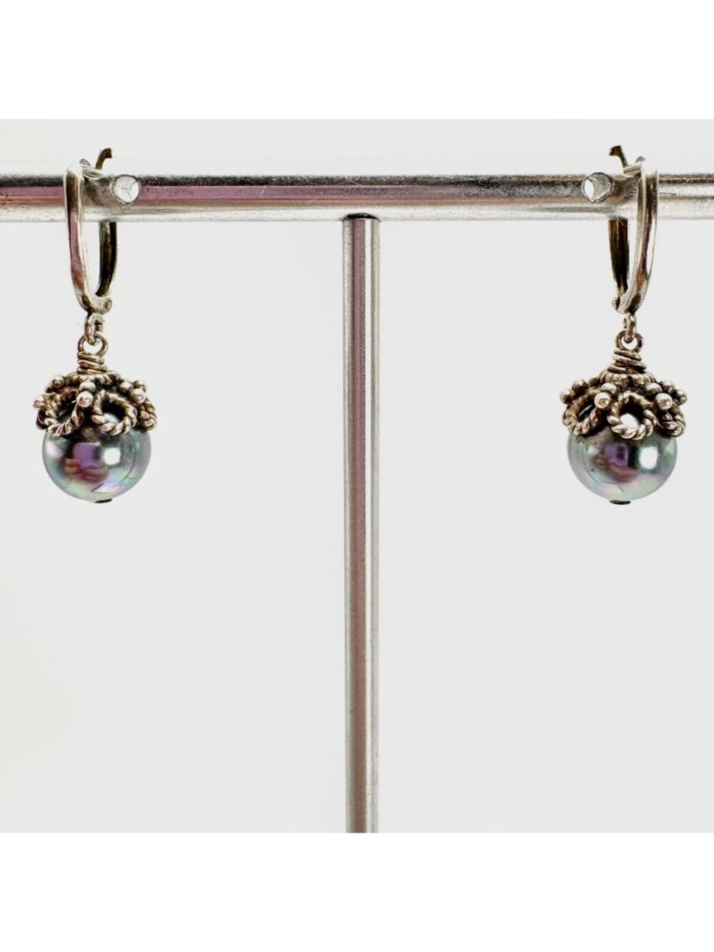 Beaded Sterling Silver 925 Rope Ball Bead Dangle Earrings Size 1" Length